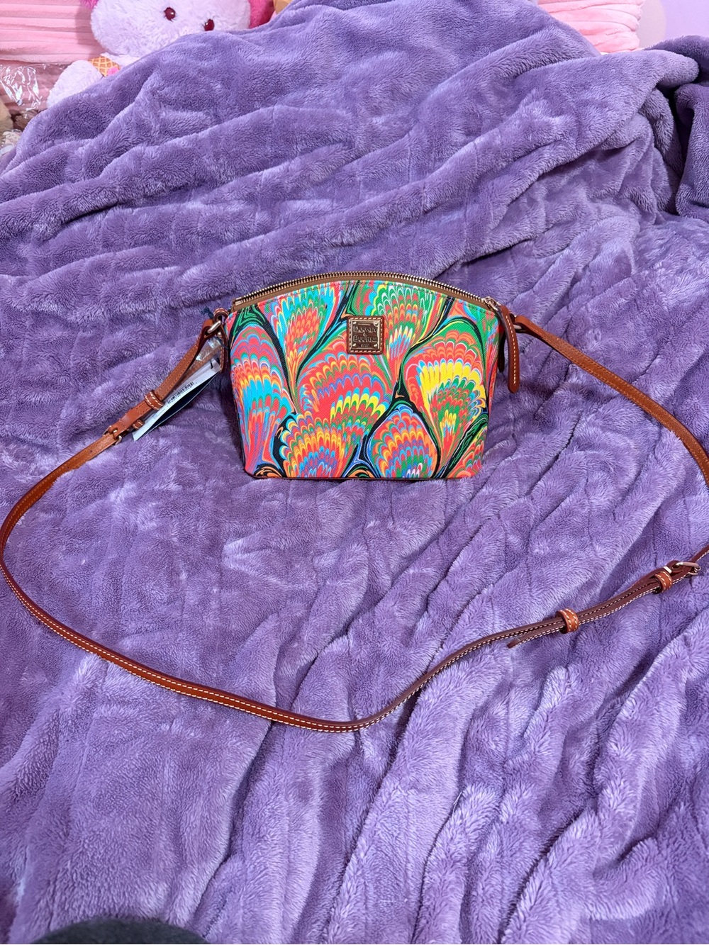 Dooney & Bourke Multicolor Peacock-Print Crossbody with Brown Leather Strap